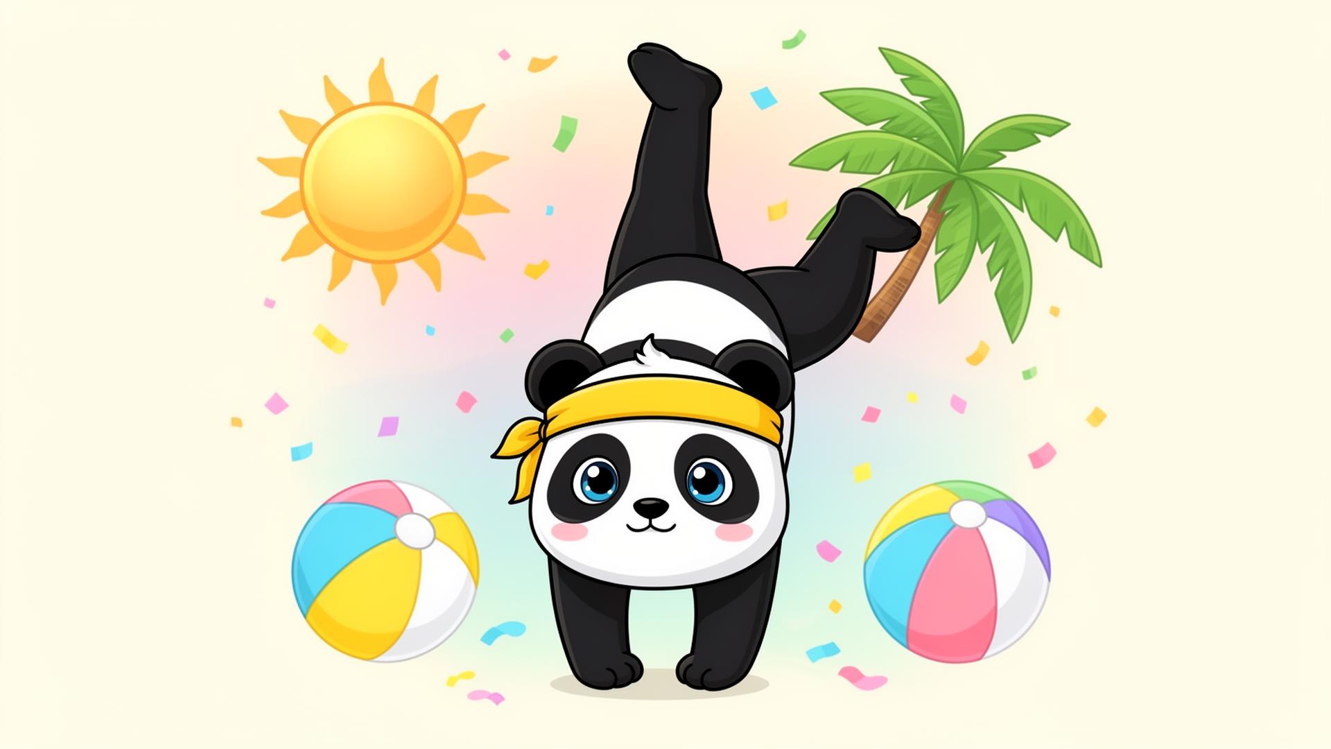Panda My First Gym w opasce gimnastycznej, słońce, palma i piłki plażowe — wakacje 2026 w Szczecinie